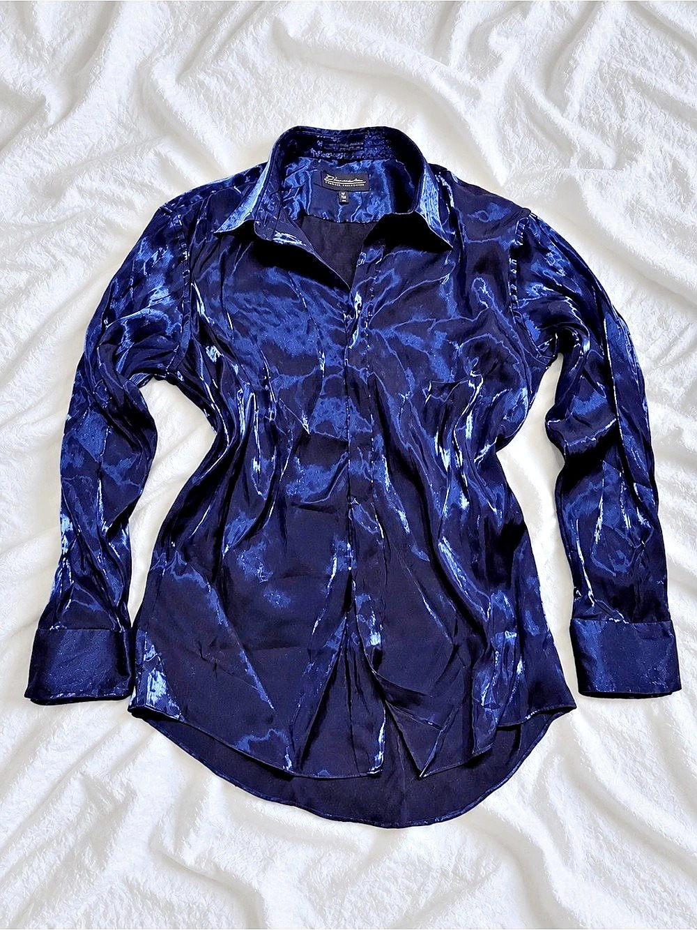 Diamante Couture Collection Satin Button Down Shirt in Blue Size Large